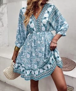 DY TAMANNA DRESS - TEAL PRINT New In Clothing 9 DY TAMANNA DRESS - TEAL PRINT New In Clothing