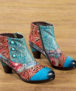 RXD NEW ARRIVALS SOFFIA | Turquoise Floral Frosted Leather Ankle Boots