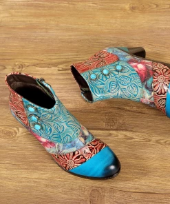 RXD NEW ARRIVALS SOFFIA | Turquoise Floral Frosted Leather Ankle Boots