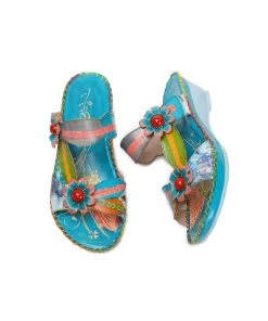 RXD NEW ARRIVALS SOFFIA | Turquoise Floral Applique Genuine Leather Sandals