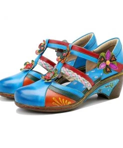 Genuine Leather Applique Craft Turquoise Cut-Out Strap Heel Sandals - SOFFIA