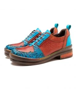 NEW ARRIVALS SOFFIA | Genuine Leather Brown Matrix Turquoise Floral Embossed Sneakers Oxford Shoes