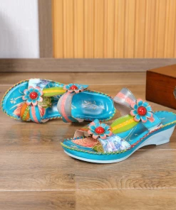 RXD NEW ARRIVALS SOFFIA | Turquoise Floral Applique Genuine Leather Sandals