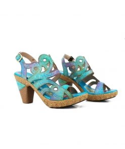 RXD SOFFIA | Genuine Leather Floral Embossed Cut Out Heel Sandals - Turquoise