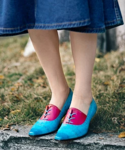 NEW ARRIVALS SOFFIA | Turquoise Floral Embossed Genuine Leather Kitten Heel Oxford Shoes