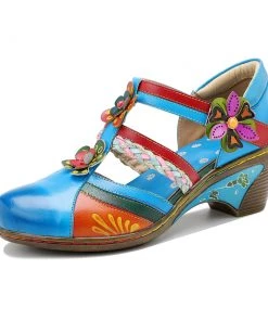 Genuine Leather Applique Craft Turquoise Cut-Out Strap Heel Sandals - SOFFIA
