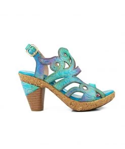 RXD SOFFIA | Genuine Leather Floral Embossed Cut Out Heel Sandals - Turquoise