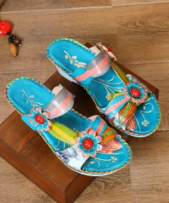 RXD NEW ARRIVALS SOFFIA | Turquoise Floral Applique Genuine Leather Sandals