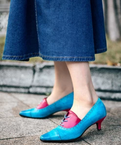 NEW ARRIVALS SOFFIA | Turquoise Floral Embossed Genuine Leather Kitten Heel Oxford Shoes