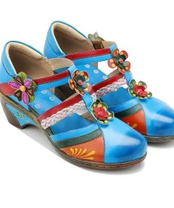 Genuine Leather Applique Craft Turquoise Cut-Out Strap Heel Sandals - SOFFIA 10 Genuine Leather Applique Craft Turquoise Cut-Out Strap Heel Sandals - SOFFIA