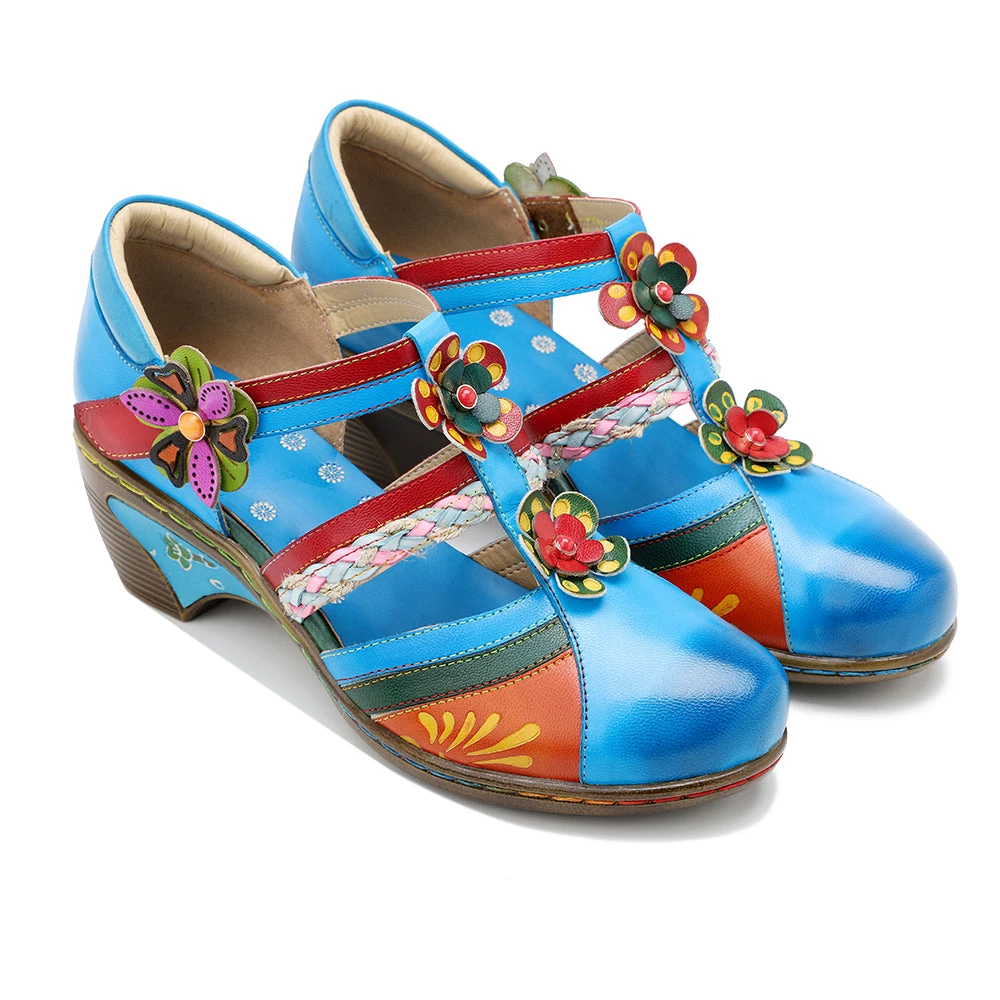 Genuine Leather Applique Craft Turquoise Cut-Out Strap Heel Sandals - SOFFIA 3 Genuine Leather Applique Craft Turquoise Cut-Out Strap Heel Sandals - SOFFIA
