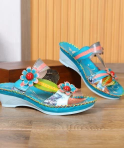 RXD NEW ARRIVALS SOFFIA | Turquoise Floral Applique Genuine Leather Sandals