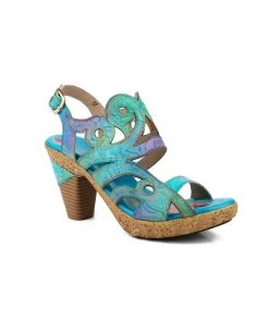 RXD SOFFIA | Genuine Leather Floral Embossed Cut Out Heel Sandals - Turquoise