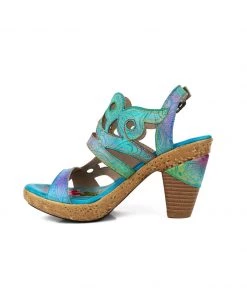 RXD SOFFIA | Genuine Leather Floral Embossed Cut Out Heel Sandals - Turquoise