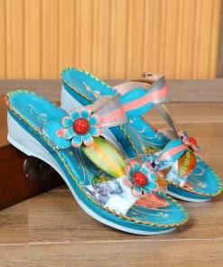RXD NEW ARRIVALS SOFFIA | Turquoise Floral Applique Genuine Leather Sandals