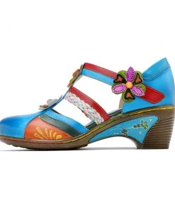 Genuine Leather Applique Craft Turquoise Cut-Out Strap Heel Sandals - SOFFIA 11 Genuine Leather Applique Craft Turquoise Cut-Out Strap Heel Sandals - SOFFIA