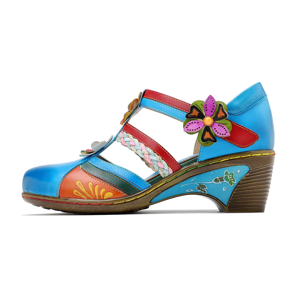 Genuine Leather Applique Craft Turquoise Cut-Out Strap Heel Sandals - SOFFIA 4 Genuine Leather Applique Craft Turquoise Cut-Out Strap Heel Sandals - SOFFIA