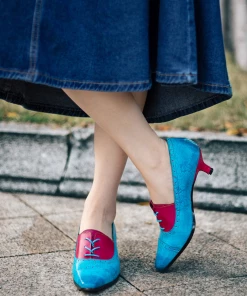 NEW ARRIVALS SOFFIA | Turquoise Floral Embossed Genuine Leather Kitten Heel Oxford Shoes