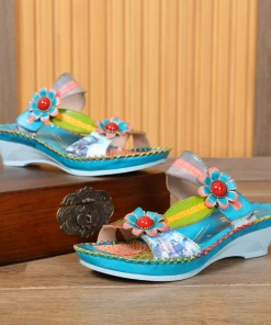 RXD NEW ARRIVALS SOFFIA | Turquoise Floral Applique Genuine Leather Sandals