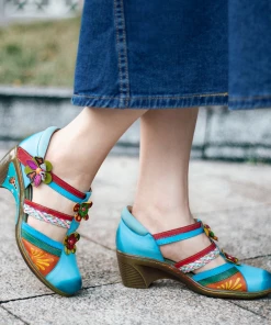 Genuine Leather Applique Craft Turquoise Cut-Out Strap Heel Sandals - SOFFIA 12 Genuine Leather Applique Craft Turquoise Cut-Out Strap Heel Sandals - SOFFIA