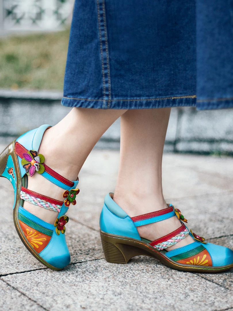 Genuine Leather Applique Craft Turquoise Cut-Out Strap Heel Sandals - SOFFIA 5 Genuine Leather Applique Craft Turquoise Cut-Out Strap Heel Sandals - SOFFIA