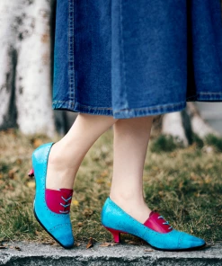 NEW ARRIVALS SOFFIA | Turquoise Floral Embossed Genuine Leather Kitten Heel Oxford Shoes