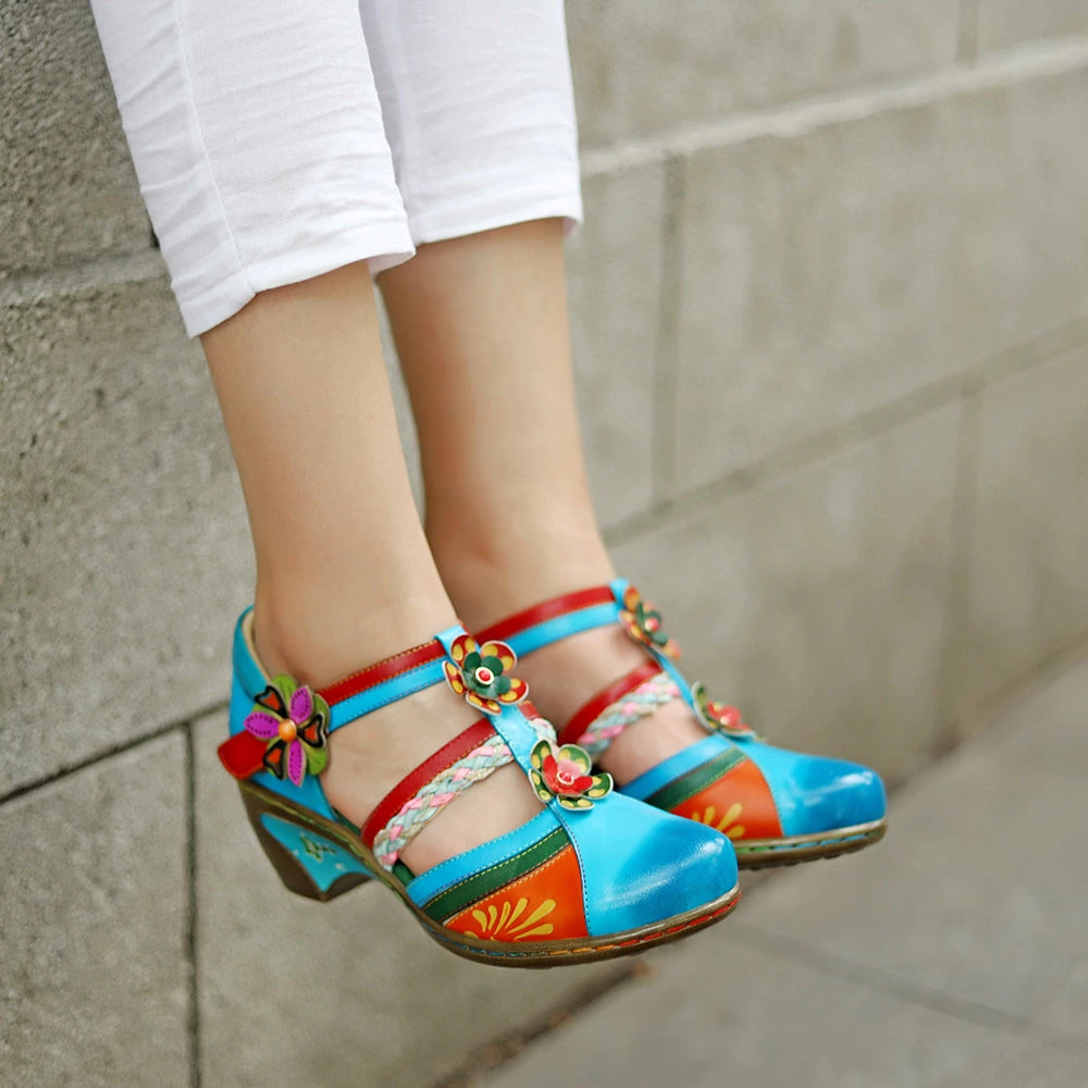 Genuine Leather Applique Craft Turquoise Cut-Out Strap Heel Sandals - SOFFIA 6 Genuine Leather Applique Craft Turquoise Cut-Out Strap Heel Sandals - SOFFIA