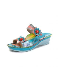 RXD NEW ARRIVALS SOFFIA | Turquoise Floral Applique Genuine Leather Sandals
