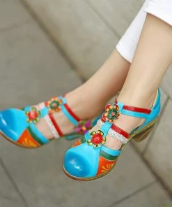 Genuine Leather Applique Craft Turquoise Cut-Out Strap Heel Sandals - SOFFIA 14 Genuine Leather Applique Craft Turquoise Cut-Out Strap Heel Sandals - SOFFIA