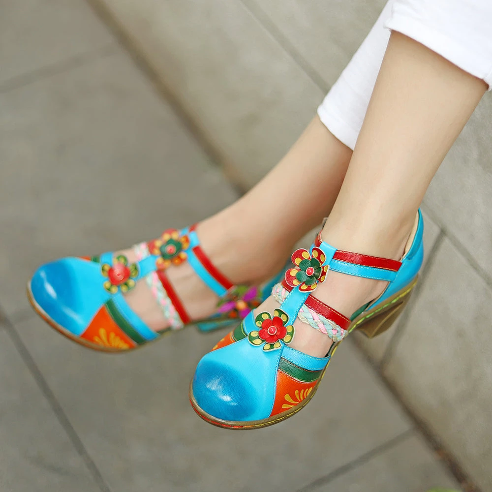 Genuine Leather Applique Craft Turquoise Cut-Out Strap Heel Sandals - SOFFIA 7 Genuine Leather Applique Craft Turquoise Cut-Out Strap Heel Sandals - SOFFIA