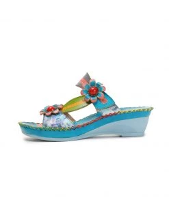 RXD NEW ARRIVALS SOFFIA | Turquoise Floral Applique Genuine Leather Sandals