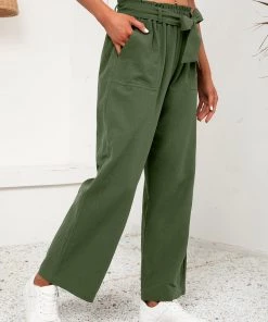 YBL Smaibulun | Army Green Tie-Waist Wide-Leg Linen Pants New In Clothing 7 YBL Smaibulun | Army Green Tie-Waist Wide-Leg Linen Pants New In Clothing