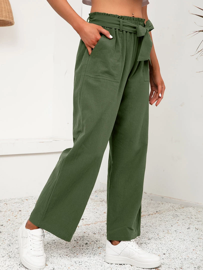 YBL Smaibulun | Army Green Tie-Waist Wide-Leg Linen Pants New In Clothing 3 YBL Smaibulun | Army Green Tie-Waist Wide-Leg Linen Pants New In Clothing
