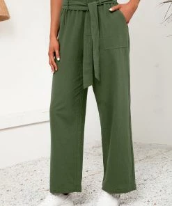 YBL Smaibulun | Army Green Tie-Waist Wide-Leg Linen Pants New In Clothing 8 YBL Smaibulun | Army Green Tie-Waist Wide-Leg Linen Pants New In Clothing