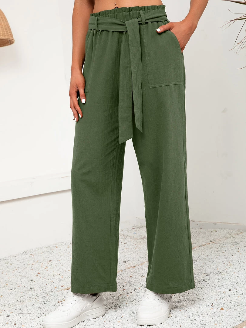 YBL Smaibulun | Army Green Tie-Waist Wide-Leg Linen Pants New In Clothing 4 YBL Smaibulun | Army Green Tie-Waist Wide-Leg Linen Pants New In Clothing