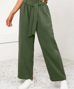 YBL Smaibulun | Army Green Tie-Waist Wide-Leg Linen Pants New In Clothing