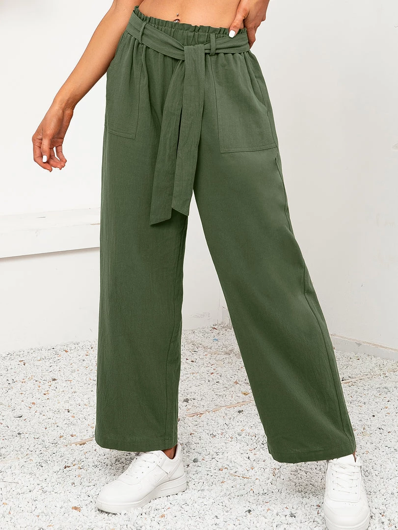 YBL Smaibulun | Army Green Tie-Waist Wide-Leg Linen Pants New In Clothing 1 YBL Smaibulun | Army Green Tie-Waist Wide-Leg Linen Pants New In Clothing