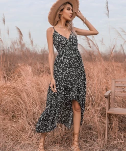 BFZY New In Clothing Smaibulun | Black Floral V-Neck Sleeveless Midi Dress