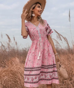 BFZY Smaibulun | Pink Floral Print V-Neck Midi Dress New In Clothing