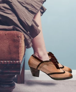 New In Shoes SOFFIA | Genuine Leather Inspired Floral Embossed Adele Mid Heel Oxford Shoes - Beige