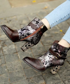 New In Shoes SOFFIA | Genuine Leather Chunky Golden Heel With Embroidered Silver Floral Heel Ankle Boots