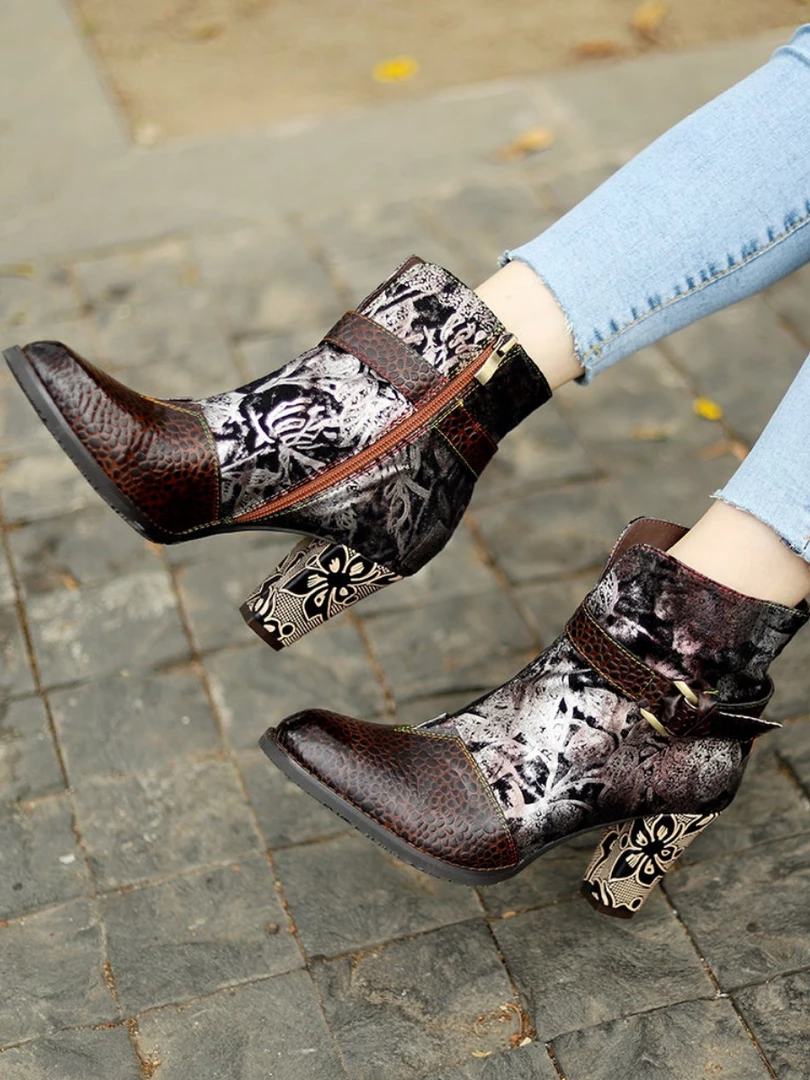 New In Shoes SOFFIA | Genuine Leather Chunky Golden Heel With Embroidered Silver Floral Heel Ankle Boots 2 New In Shoes SOFFIA | Genuine Leather Chunky Golden Heel With Embroidered Silver Floral Heel Ankle Boots
