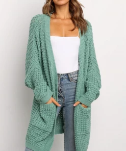 MY Smaibulun | Knit Pocket Open-Front Longline Cardigan - Green