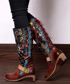NEW ARRIVALS Soffia Genuine Leather Brown & Multicolor Floral Tie-Accent Knee Long Boots 14 NEW ARRIVALS Soffia Genuine Leather Brown & Multicolor Floral Tie-Accent Knee Long Boots