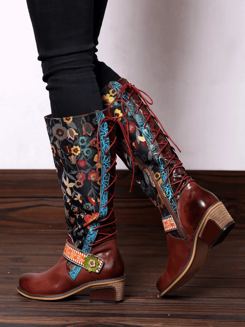 NEW ARRIVALS Soffia Genuine Leather Brown & Multicolor Floral Tie-Accent Knee Long Boots 5 NEW ARRIVALS Soffia Genuine Leather Brown & Multicolor Floral Tie-Accent Knee Long Boots