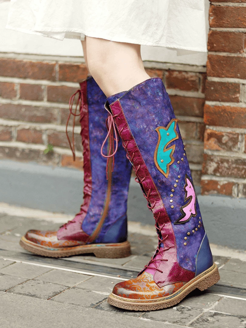 Soffia | Genuine Leather Galaxy Purple Printed Tie-Accent Boho High Knee Boots NEW ARRIVALS 3 Soffia | Genuine Leather Galaxy Purple Printed Tie-Accent Boho High Knee Boots NEW ARRIVALS