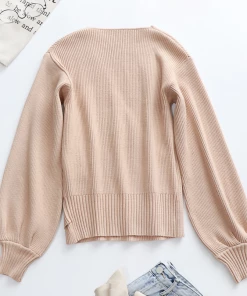 MY Smaibulun | Lantern-Sleeve V-Neck Wrap Knit Top - Beige New In Clothing