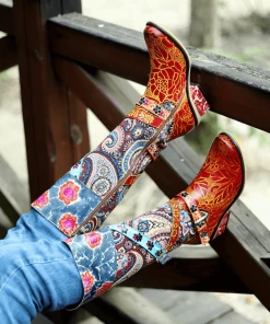 Soffia | Brown Floral Tie-Accent Leather Vintage Knee High Boots