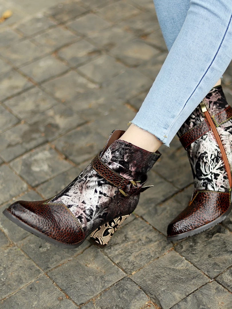 New In Shoes SOFFIA | Genuine Leather Chunky Golden Heel With Embroidered Silver Floral Heel Ankle Boots 3 New In Shoes SOFFIA | Genuine Leather Chunky Golden Heel With Embroidered Silver Floral Heel Ankle Boots