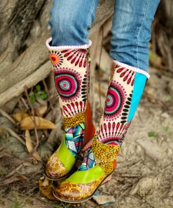 Soffia |Genuine Leather BohoFloral Tie-Accent Leather Vintage Knee High Boots